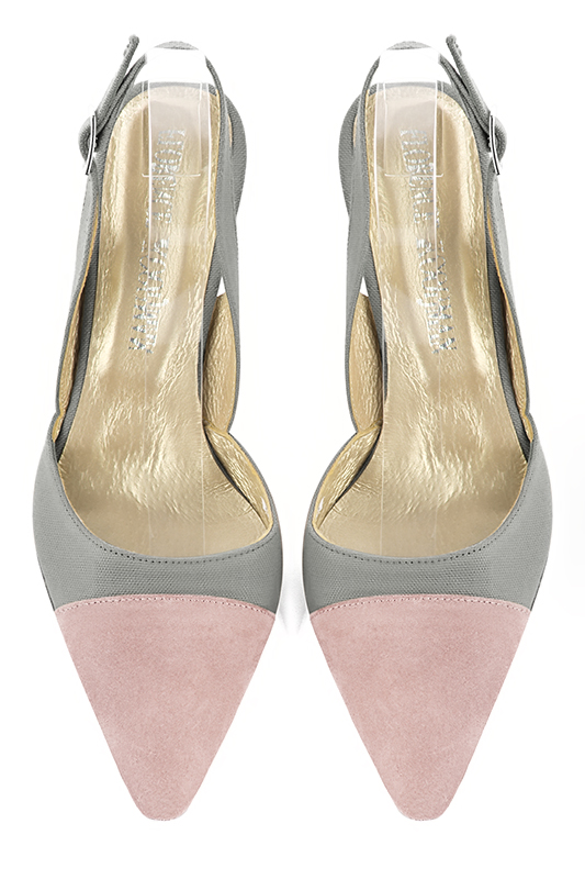 Light pink and dove grey women's slingback shoes. Tapered toe. Medium slim heel. Top view - Florence KOOIJMAN